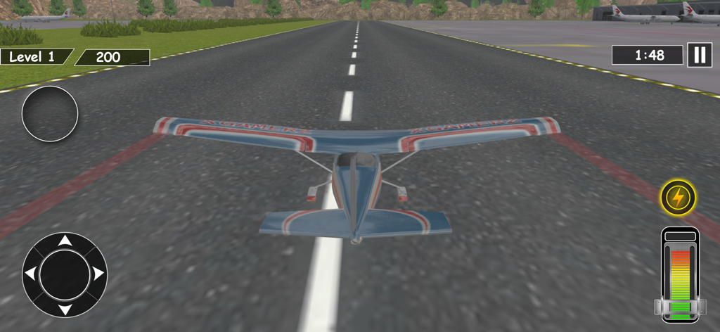 A small airplane preparing for takeoff on a runway in Flight Pilot 3D simulator