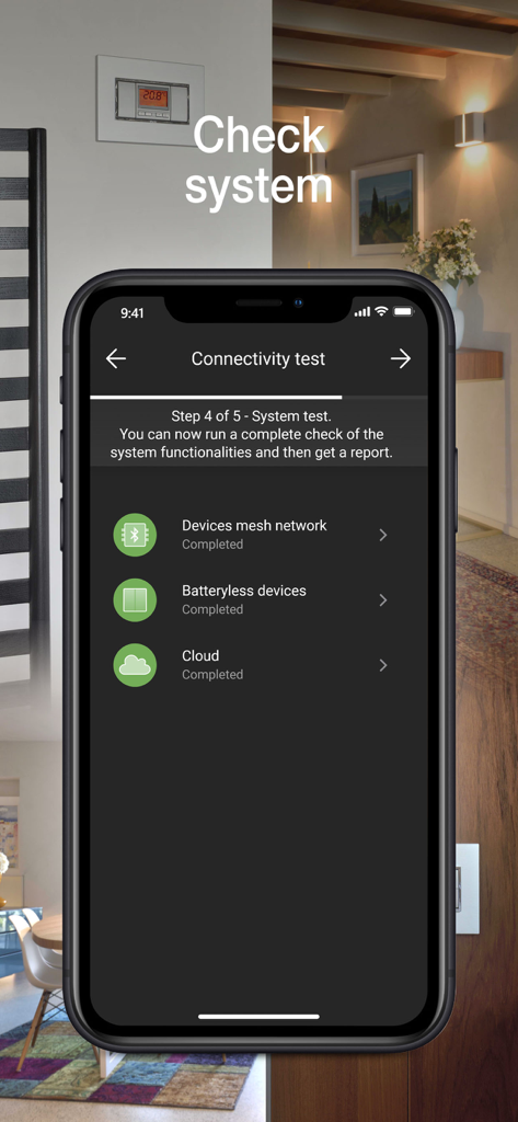Schermata di test della connettività dell'app Vimar VIEW Wireless che mostra lo stato completato per la rete mesh e il cloud.