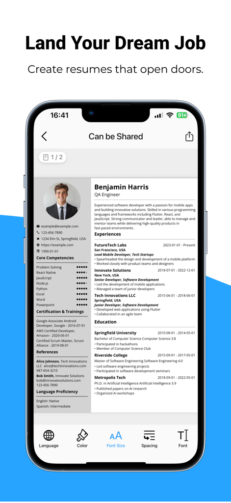 Tela do iPhone exibindo um modelo de currículo profissional no aplicativo Resume AI