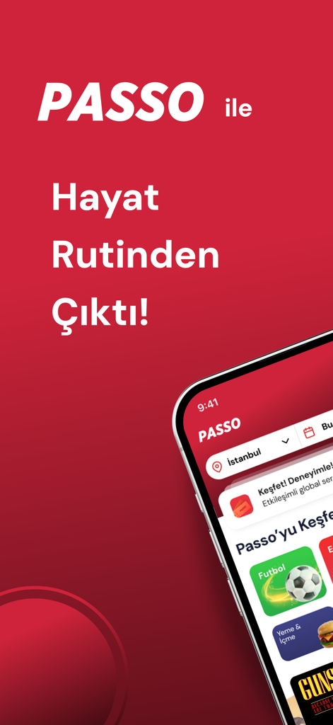 Passo - Passo Mobile-App-Oberfläche mit Kategorien für Fußball-Events und Essenslieferungen auf rotem Hintergrund