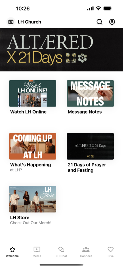 Lighthouse Church App - Home screen of the Lighthouse Church app featuring sections for online sermons message notes and community events