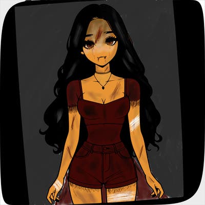 a realistic girl with long hair and in a crop top and shprts