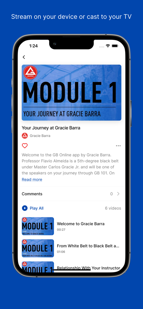 Gracie Barra Online mobile app interface showing Module 1 training videos for Brazilian Jiu Jitsu