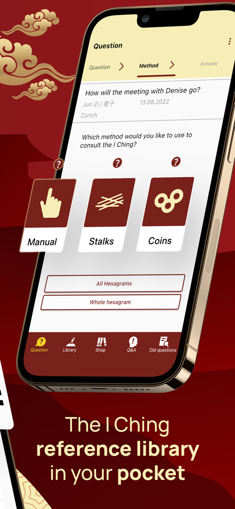 I Ching - Yi Jing Library - I Ching app interface showing different divination methods including manual stalks and coins