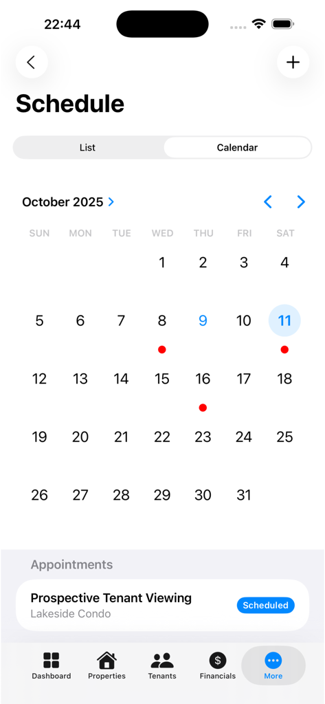 Property Rental Management - Ecrã de agendamento da aplicação Property Rental Management exibindo um calendário mensal e uma consulta agendada de inquilinos
