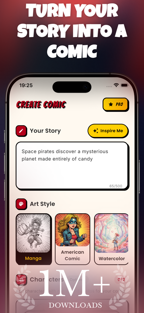 AI Comic Maker - Manga Creator - Screenshot of the AI Comic Maker app showing a story prompt input field and art style selection for Manga and American Comic styles.