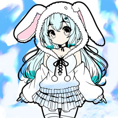 pretty anime girl wearing a fluffy hoodie with bunny ears on the hood and a skirt