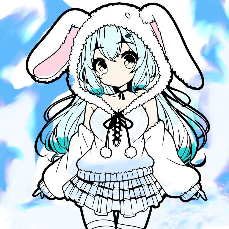 pretty anime girl wearing a fluffy hoodie with bunny ears on the hood and a skirt