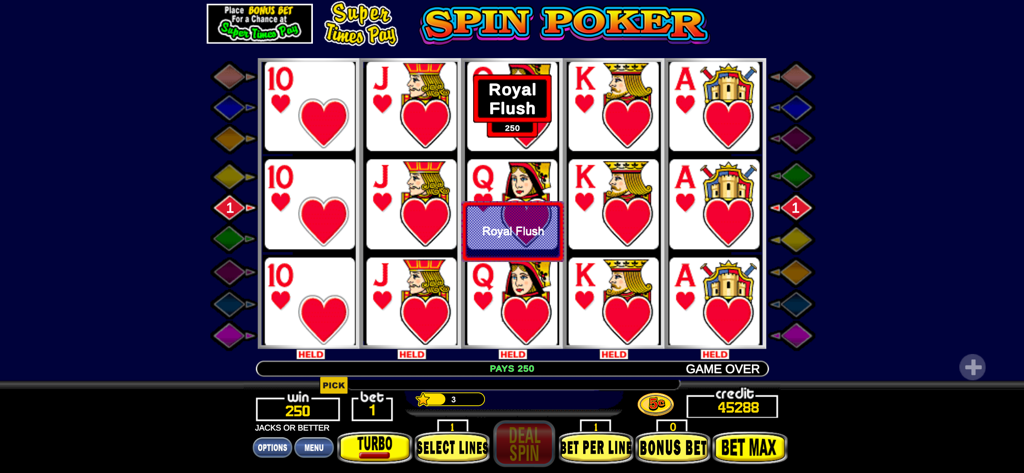 Spin Poker™ - Casino Games - A Royal Flush winning hand on the Spin Poker video poker mobile app.
