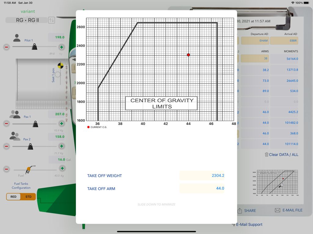Cessna 172 weight and balance chart showing center of gravity limits and current take off weight on an iPad