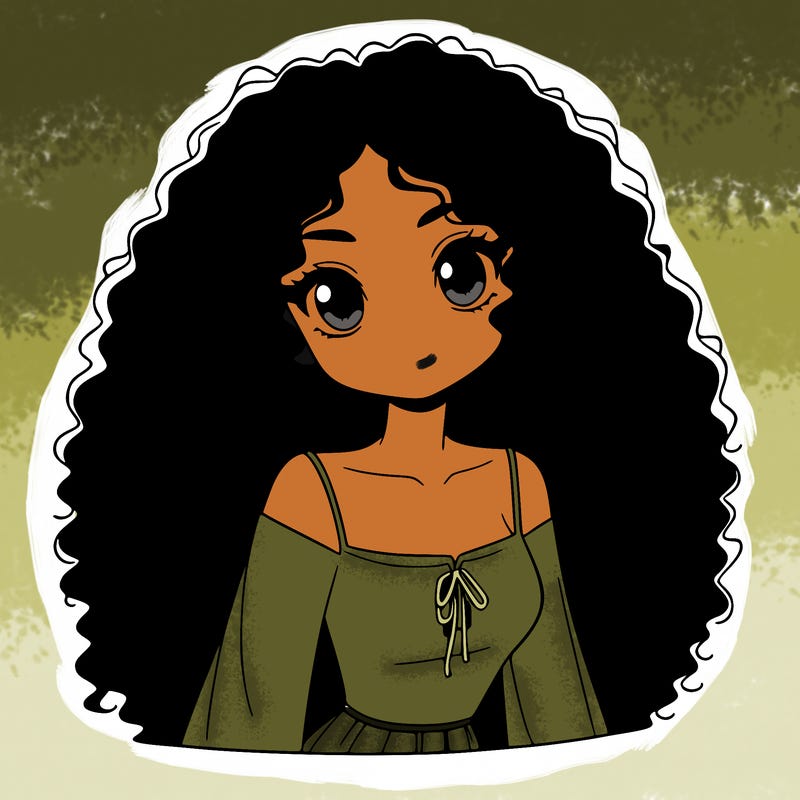 a black anime girl with long afro hair