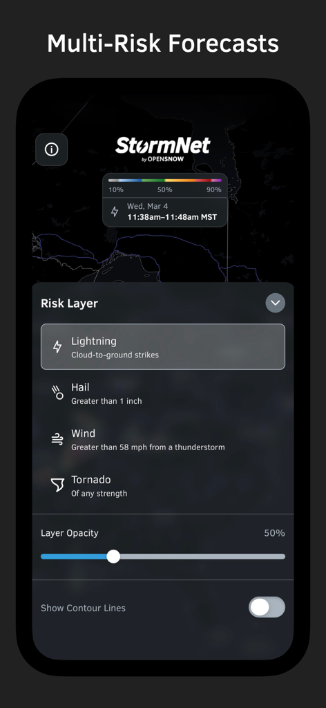 StormNet app interface showing multi-risk forecast options for lightning, hail, wind, and tornadoes with a layer opacity slider.