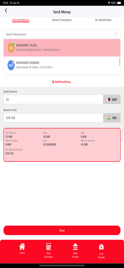 Al Jazeera Exchange - Qatar - Bildschirm zum Senden von Geld in der Al Jazeera Exchange App mit Auswahl des Begünstigten und Details zum Wechselkurs