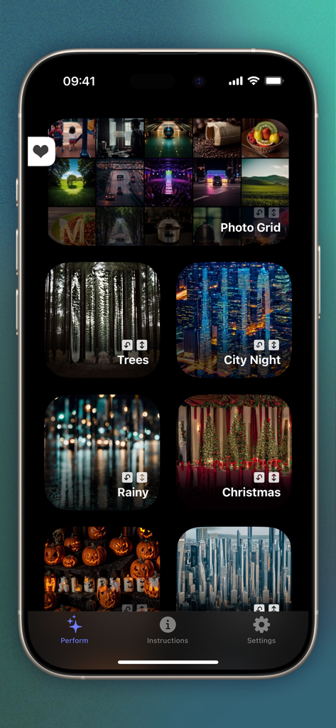 Menú de la aplicación de magia Subliminal mostrando varios temas de revelación de imágenes como árboles, ciudad, noche y cuadrícula de fotos.