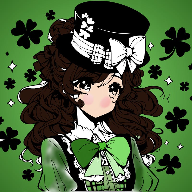 a manga-style girl with clovers around her, a little hat in her hair, like it's saint patrick's day