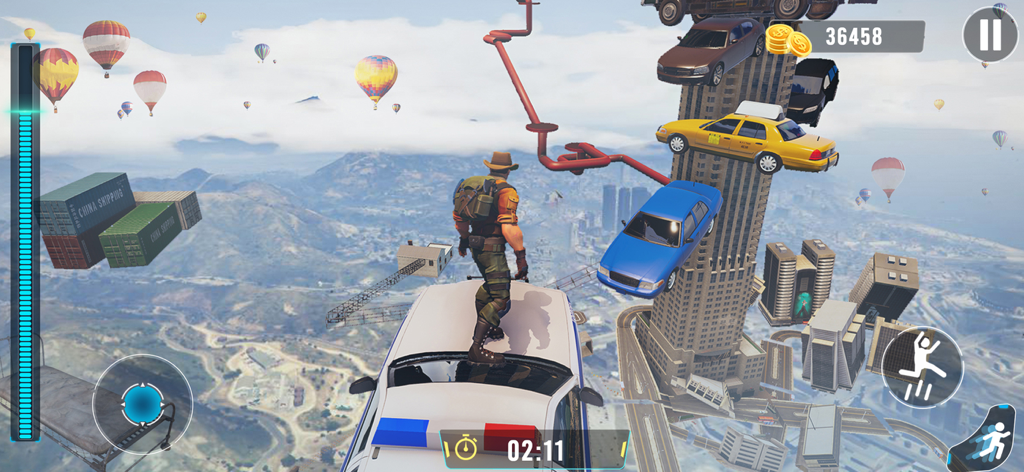 Going Jump Up: Parkour Games - A character standing on a floating car in a high altitude parkour game environment