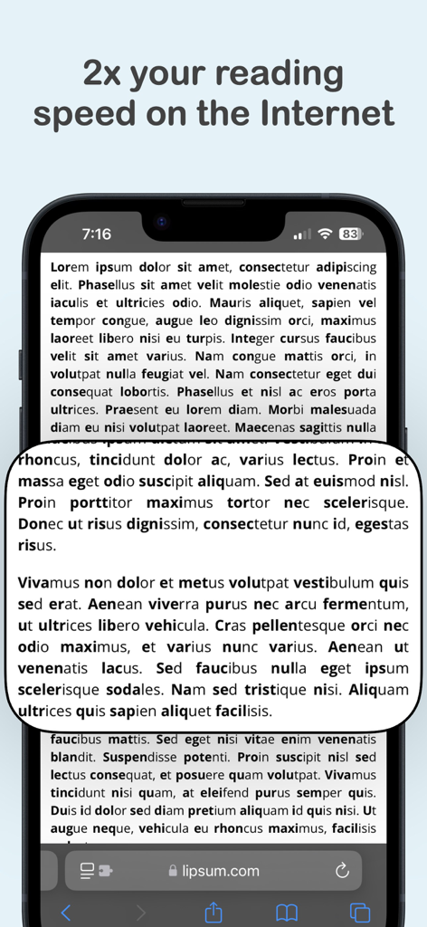 Speed Reading: Bionica - Schermata dello smartphone che mostra il formato di lettura veloce dell'app Bionica su un sito web con lettere iniziali in grassetto per migliorare la velocità di lettura.