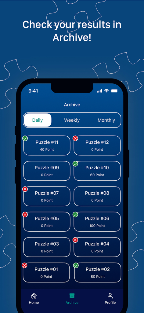 Brainzy - Brainzy app archive screen displaying a list of daily puzzle results and points earned.