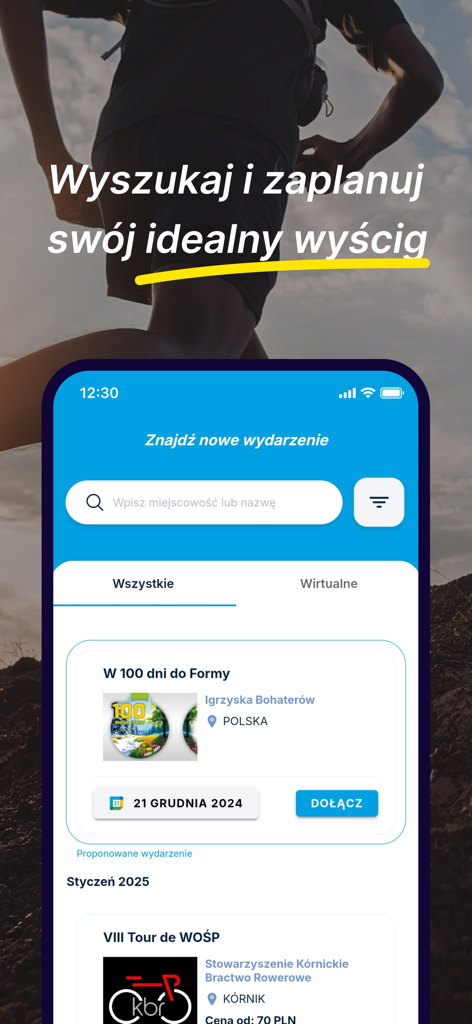The B4SPORT app interface showing a search screen for finding and planning sports events and races.