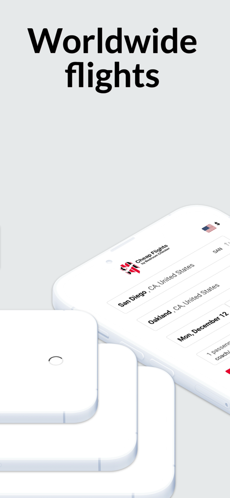 サンディエゴからオークランドへのフライト検索が表示されたモバイルアプリのインターフェース。「Worldwide flights」と表示されています。
