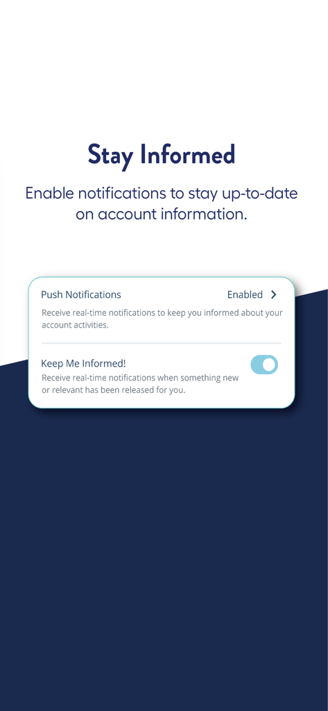 MyDashCard - Screen from MyDashCard app showing push notification settings to stay updated on account activities and new features.