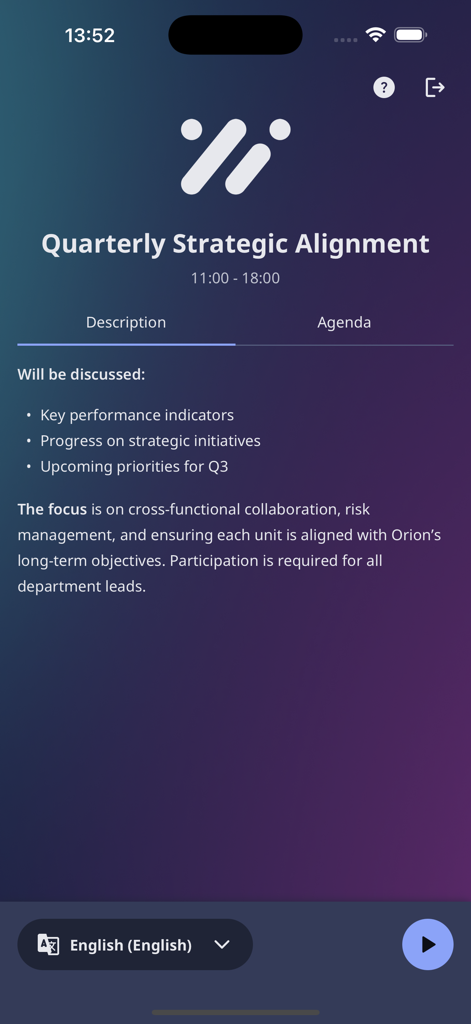 Interactio - Screenshot of the Interactio app showing an event description for a corporate meeting with a language selector