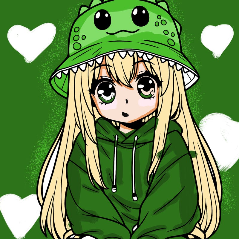 girl with anime shaped eyes with a dinosaur bucket hat oversized sweatshirt long straight hair