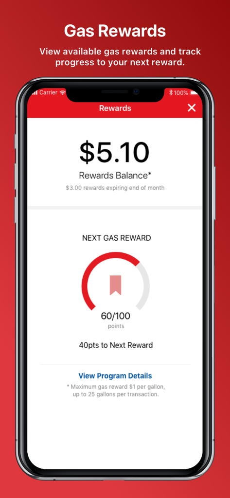 Safeway One Touch Fuel‪™‬ - Safeway One Touch Fuel app rewards screen showing a five dollar and ten cent balance and points progress tracker.