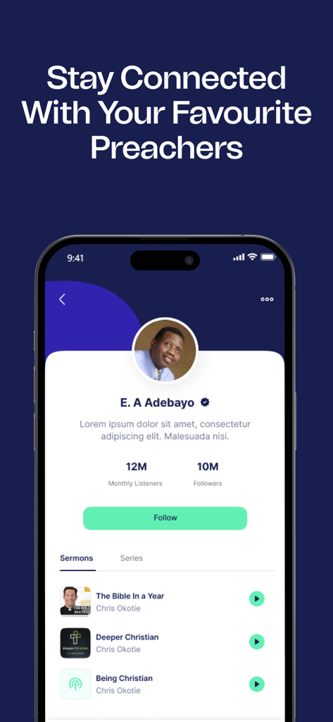 Interfaz del perfil del predicador en la aplicación Getsermons, mostrando estadísticas de seguidores y pistas de sermones.