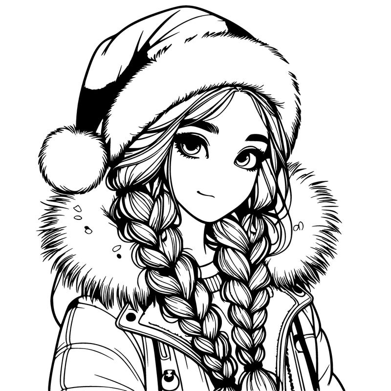 realistic girl with braids and santa hat and santa coat