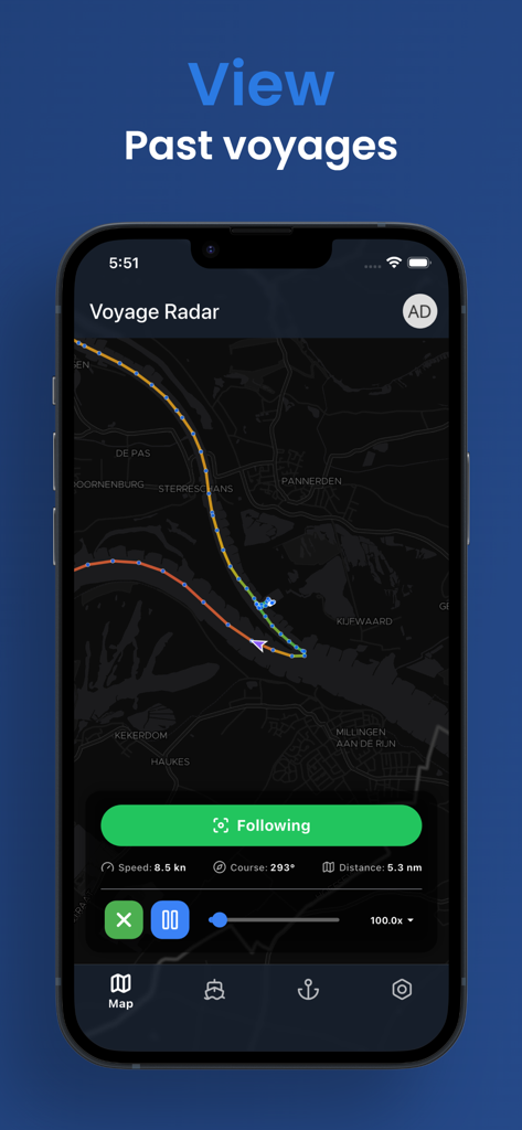 Voyage Radar: AIS Ship Tracker - Interfaccia dell'app Voyage Radar che mostra una mappa con una traiettoria di nave per la funzione di riproduzione dei viaggi passati