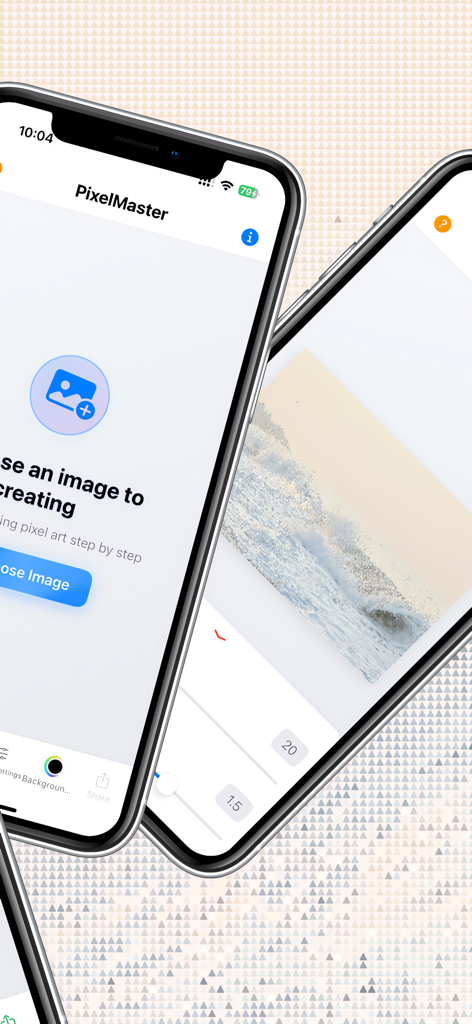 PixelMaster - Image Pixelator - PixelMaster app showing the pixel art creation process on an iPhone.