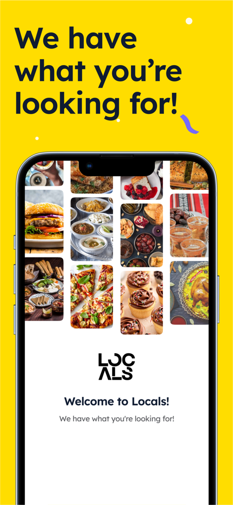 LOCALS: Food & Gifts - Welcome screen of the LOCALS app with a grid of local food items