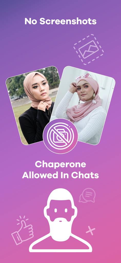 Proposal: Muslim Marriage - Proposal app screen showing privacy features like no screenshots and chaperone chat involvement