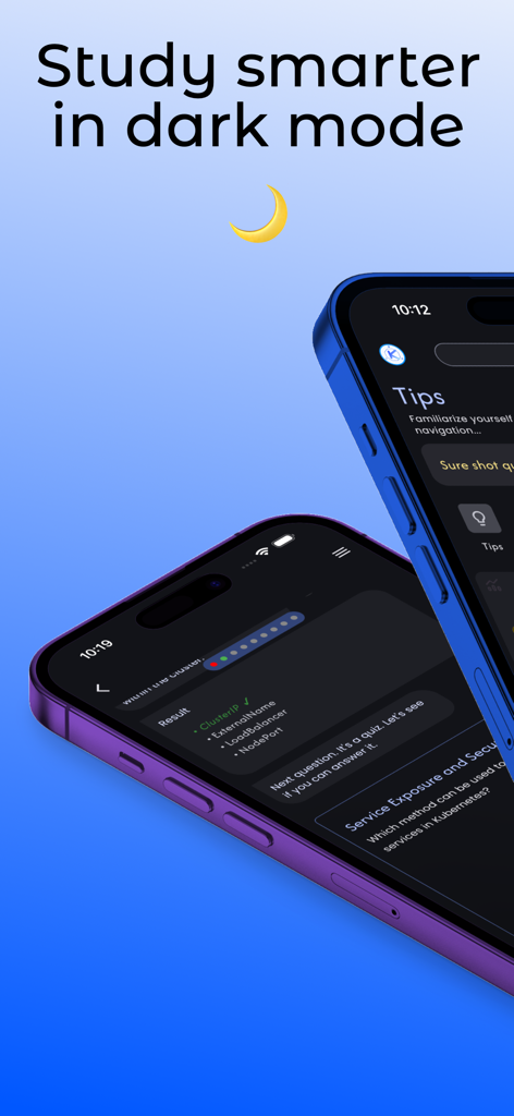 CKA Kubernetes Exam Prep - Dos iPhones mostrando la interfaz de la aplicación CKA Kubernetes Exam Prep en modo oscuro con el texto Estudia de forma más inteligente en modo oscuro