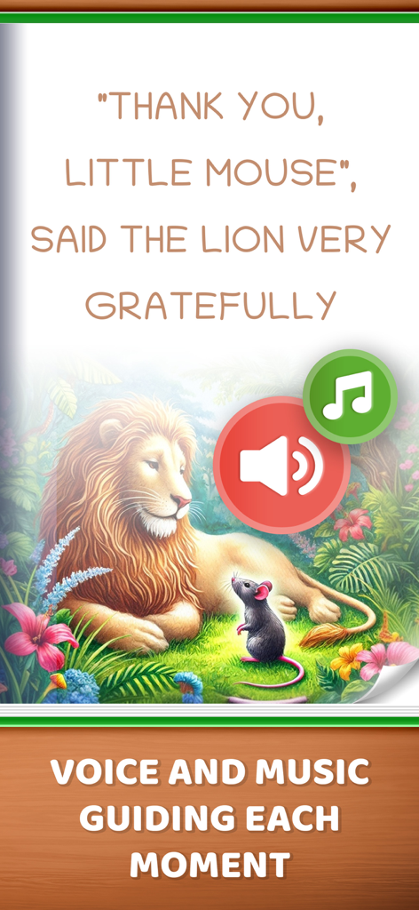 Learn to Read: Early Readers - Story page with lion and mouse illustrations showing audio and music support icons for early readers.