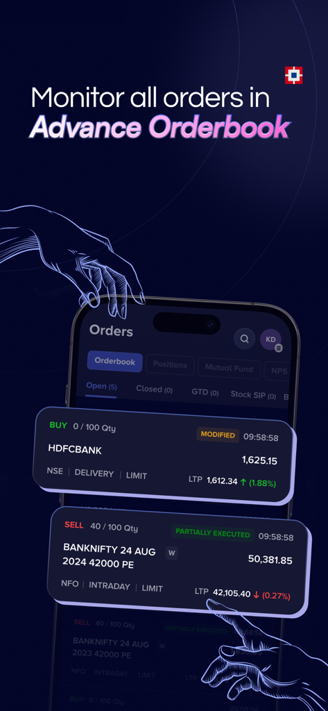 HDFC Securities InvestRight app interface showing the Advance Orderbook for tracking stock and derivative trades