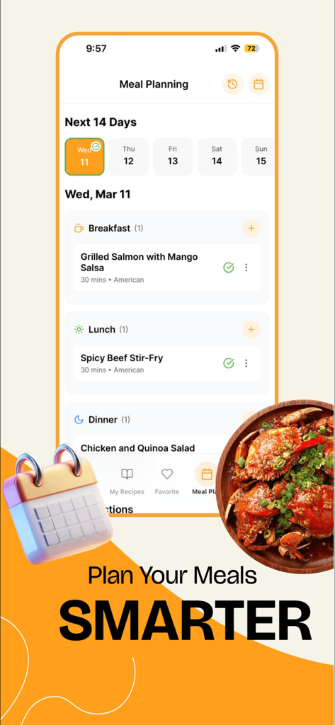 PocketChef - Meal Planner - Interfaz de la aplicación PocketChef que muestra un horario de plan de comidas de 14 días con recetas saludables para desayuno, almuerzo y cena.