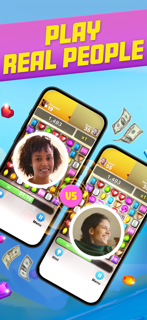 Diamond Strike - Match 3 Games - Diamond Strike gameplay showing competitive multiplayer match-3 puzzle against real people for cash prizes.