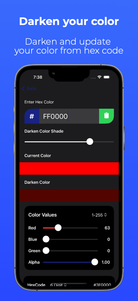 조정 가능한 RGB 및 알파 슬라이더를 사용하여 16진수 색상을 어둡게 하는 도구를 표시하는 ColorPixel 앱 인터페이스