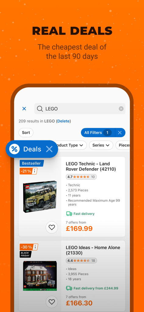 Idealo Preisvergleichs-App-Oberfläche, die echte Angebote für LEGO-Sets anzeigt