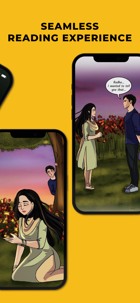 Pratilipi Comics - Dos teléfonos móviles mostrando escenas de un cómic romántico indio en la aplicación Pratilipi Comics