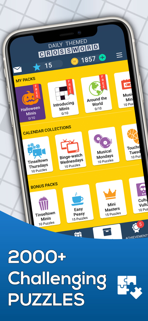 Smartphone screen showing various themed crossword puzzle packs in the Daily Themed Crossword app