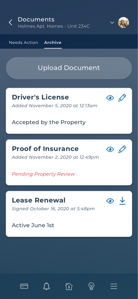 Greystar Resident App - Screenshot of the Greystar Resident App showing the Documents Archive section with a driver's license, proof of insurance, and lease renewal status.