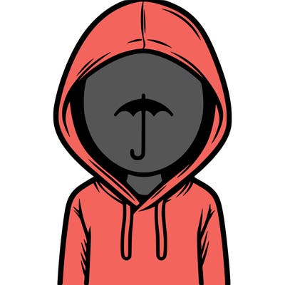 a person with non face waering a hoodie with a small umbrella symbol