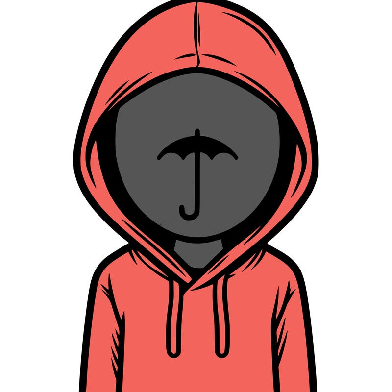 a person with non face waering a hoodie with a small umbrella symbol