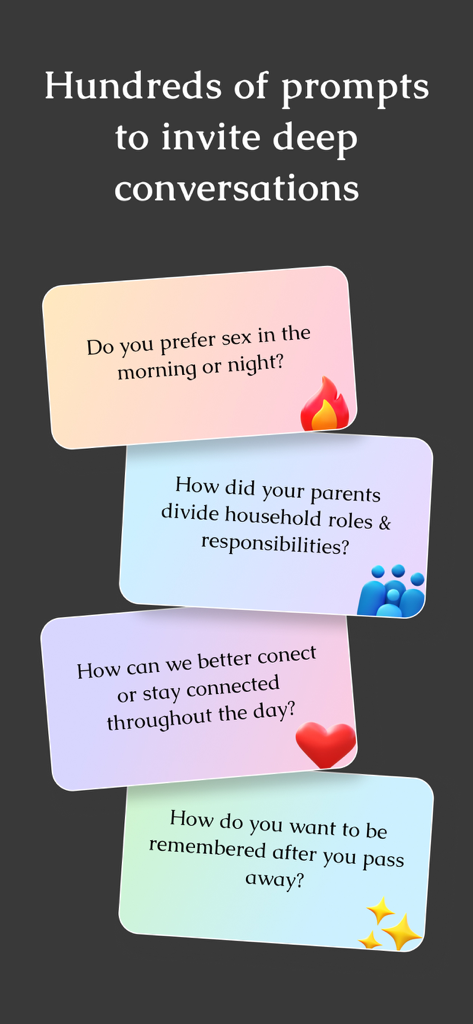 Just Between Us - Couples Chat - Quattro carte colorate che mostrano spunti di conversazione per relazioni e domande profonde per le coppie.