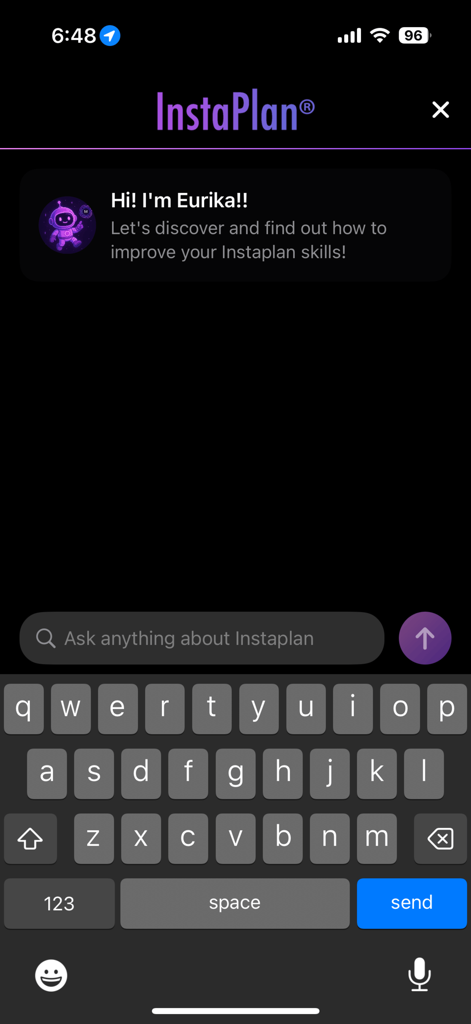 InstaPlan® - Interface of the InstaPlan app featuring Eurika, an AI chatbot assistant for user support and skill improvement.