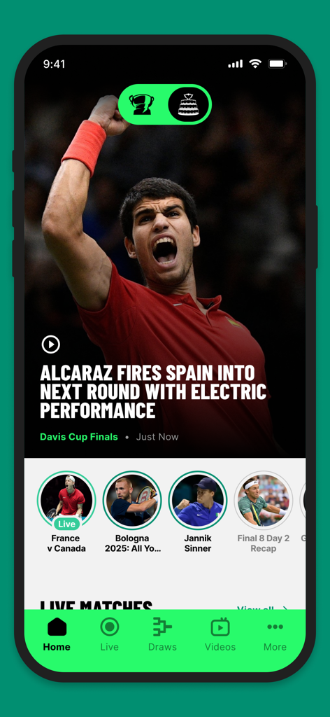 Davis Cup & BJK Cup - Official Davis Cup and BJK Cup app home screen showing tennis news highlights and live match updates.