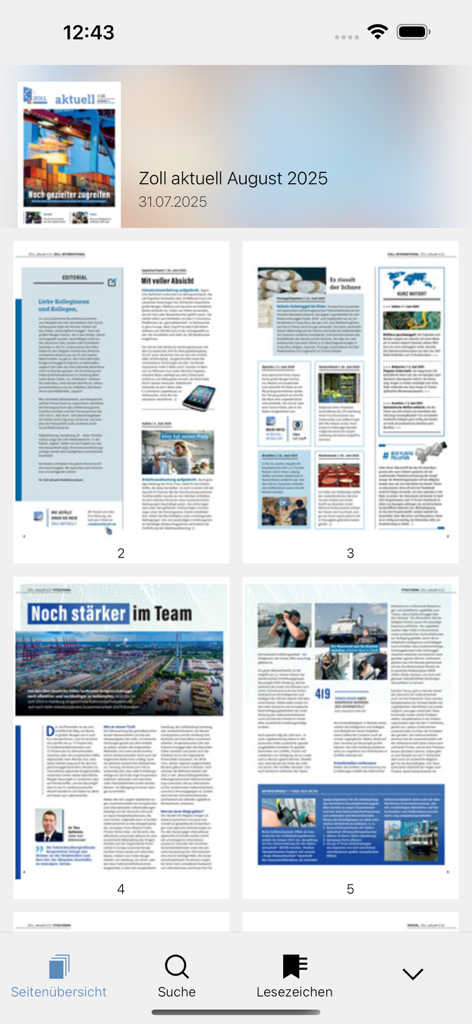 A smartphone interface showing a grid of magazine pages from the Zoll aktuell publication with articles on international customs and trade.